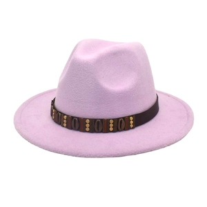 Detailed view of lavender wool fedora hat featuring bohemian rivet and wooden bead band