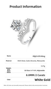 Detailed spec sheet showing S925 silver crown ring with 2ct moissanite and size guide