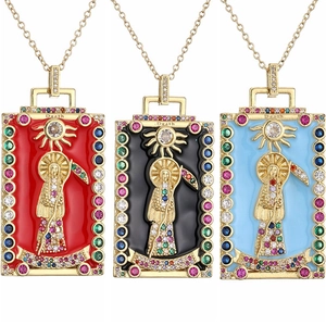 Tarot Card Death Pendant Necklace Copper With Zircon Colorful Enamel Vintage Gothic Mystical Rectangular Jewelry