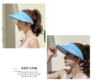 Detail of light blue wide brim sun hat with adjustable wind strap for outdoor activities