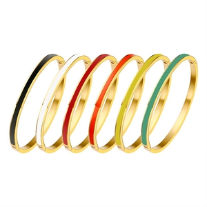 Close-up of 3mm gold-plated titanium steel bangles with colorful enamel inlay in six colors