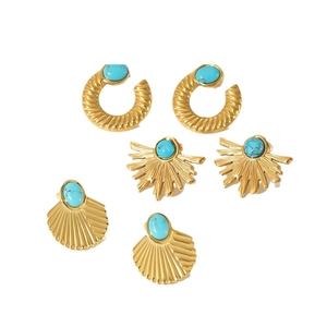 French vintage 18K gold stainless steel earrings set with oval turquoise gemstones