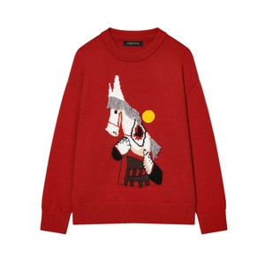Fashionable red knit sweater featuring heavy embroidery of a cartoon horse pattern