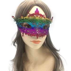 Detailed close-up of rainbow gradient lace masquerade mask with intricate embroidery
