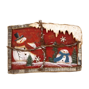Rustic Christmas wall hanging with snowmen, LED lights, and natural wood texture decor