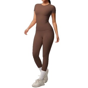 Chocolate brown two-piece high stretch yoga set with slim t-shirt and pocketed leggings
