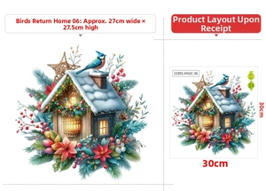 Detailed view of Christmas snow house stickers with birds and berries for window decor
