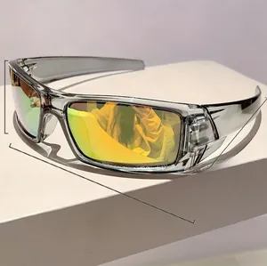 Detailed dimensions of silver cycling sunglasses with yellow-green gradient lenses