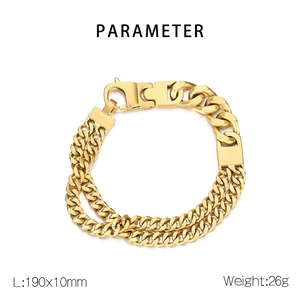 Detail view of a 10mm wide gold double-row Cuban link bracelet with size parameters