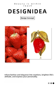 Detail view of red enamel strawberry brooch with fine golden leaves and textured finish
