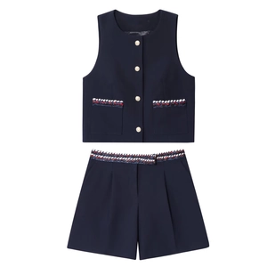 Gilet Et Short Pour Femme Sans Manches Col Rond Boutons Dorés Garniture Tressée Élégant Décontracté Chic Bleu Marine