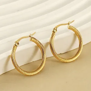 French vintage twisted rope gold plated titanium steel hoop earrings for women