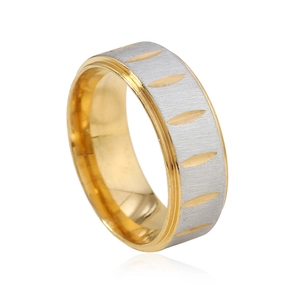 8mm titanium steel ring featuring gold-toned brushed finish with oval engraved patterns