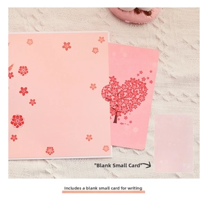 Detail showing the pink cherry blossom greeting card with a small blank writing insert