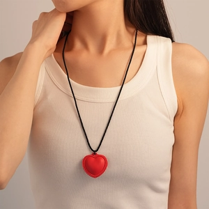 Retro faux leather red heart pendant necklace with minimalist black woven rope chain