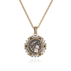 Vintage Roman coin pendant necklace in gold with embossed silver coin and clear zircons