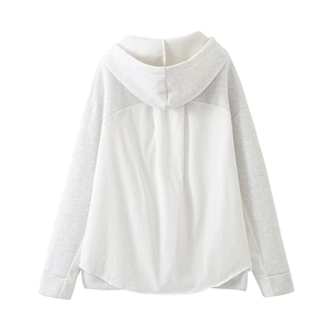 Women's casual hooded sweatshirt with grey and white color blocking and curved back hem