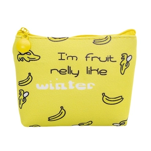 Compact yellow PU coin purse with banana print and zipper closure for storage