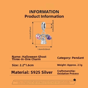 Detailed view of Halloween S925 silver charm with ghost, pumpkin, and purple heart gem