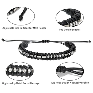 Adjustable black genuine leather braided Morse code bracelet with silver metal beads