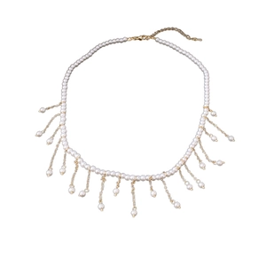 Elegant pearl tassel choker necklace with gold-plated fringe and adjustable lobster clasp