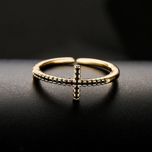 18K gold plated copper cross open ring with micro-set black cubic zirconia stones