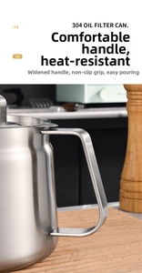 Close-up of 304 stainless steel oil filter jug featuring a wide heat-insulated handle