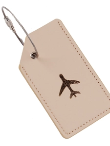 Beige leather luggage tag with golden airplane icon and secure steel wire loop