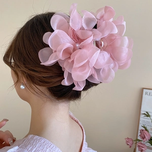 Elegant large pink organza flower hair claw clip with a pearl accent for women
