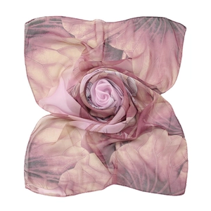 Pink lotus print chiffon square scarf folded in rose shape for sun protection
