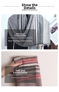 Detail showing soft striped scarf with grey and pink herringbone pattern and tassels
