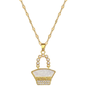 Golden handbag necklace with pearls and crystals featuring GENIUS engraving for women