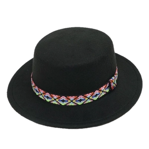 Classic black wool fedora hat with a colorful ethnic geometric ribbon and wide brim