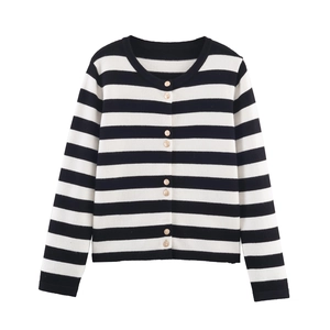 Classic black and white striped knit cardigan with luxury gold textured buttons