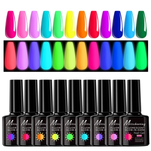 12 colors neon and luminous nail gel polish set with glow-in-the-dark UV LED soak off effect