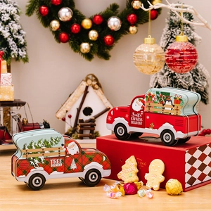 Christmas truck-shaped metal candy boxes with Santa and tree delivery festive patterns