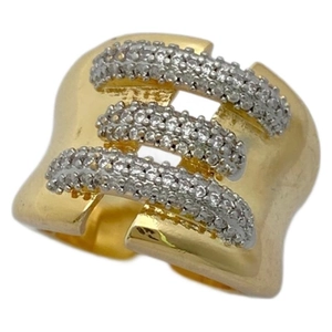 Wide gold plated ring featuring three rows of sparkling cubic zirconia in a modern style