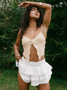 Jupe Courte En Dentelle Pour Femmes Multi-Niveaux À Volants Taille Haute Élastique Broderie Nœud Été Plage Boho Douce Sexy