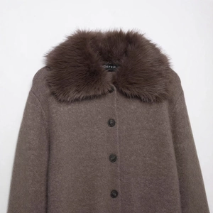 Brown knit cardigan sweater featuring a plush faux fur collar and button closure
