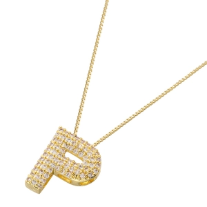 Detailed macro view of a gold-plated letter P pendant with micro-pave cubic zirconia