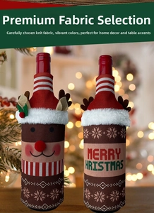Detail of Christmas wine bottle covers featuring reindeer motif and Merry Christmas knit text