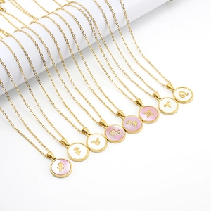 Colliers zodiaque en acier inoxydable plaqué or 18K avec pendentifs ronds en nacre