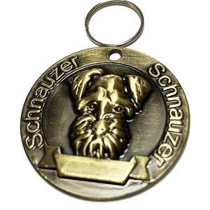 Antique bronze schnauzer dog tag with embossed pet portrait and blank name plate