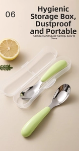 Detail of 316L baby spoons with ergonomic green handles and a clear storage case
