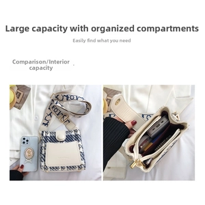 Detailed view of tweed crossbody bag interior compartments and daily storage capacity