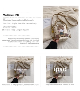 Size comparison of beige bucket bag with cute rabbit pattern and dimensions guide