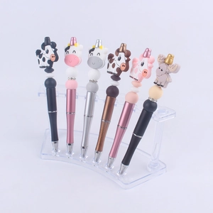 DIY colorful cartoon animal silicone bead pens with metallic finish and crystal rings