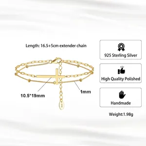 Bracciale a doppio strato in argento sterling S925 dorato con croce per donna