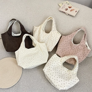 Sac À Main En Velours Côtelé À Imprimé Fleuri Sac À Déjeuner Grande Capacité Fourre-Tout Pour Bureau École Pique-Nique