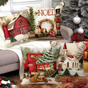 Set of 4 Christmas nutcracker and red truck festive pillow covers for holiday home decor